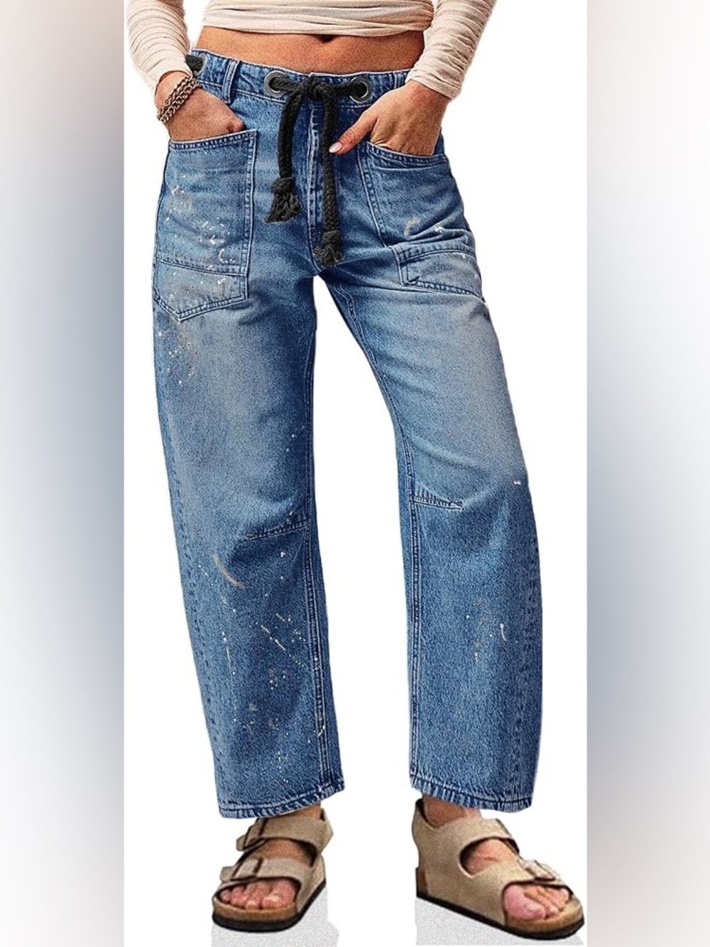 CICY BELL Dark barrel jeans med wash Drawstring mid Waist splatter SZ 6 NWT